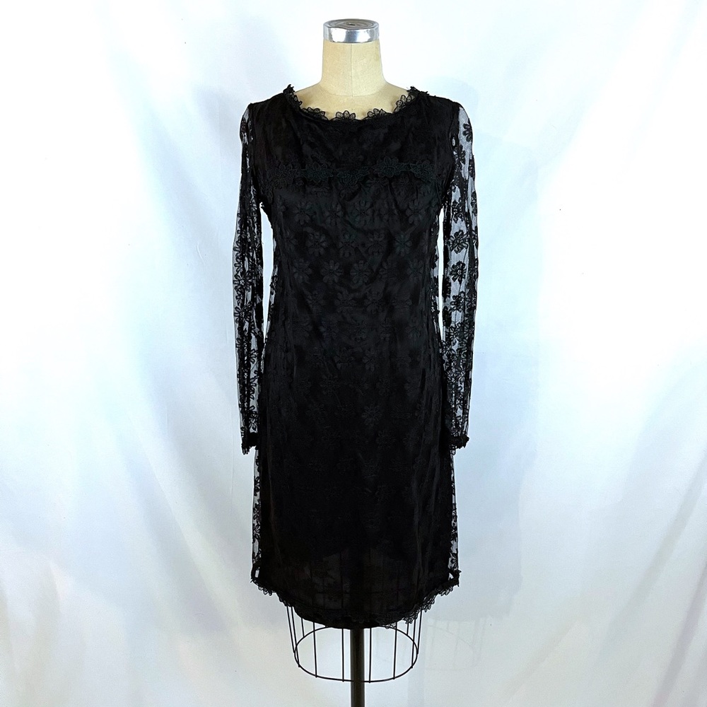Vintage 60s Black Mod Lace Dress Floral Small